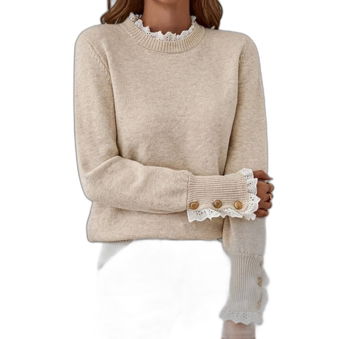 Effortless Beige Knit Sweater for Women with High Neck Long Sleeve Button Front Casual Style