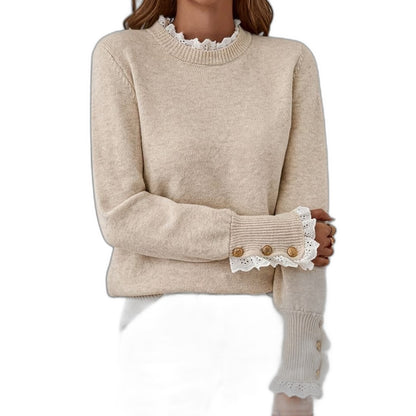 Effortless Beige Knit Sweater for Women with High Neck Long Sleeve Button Front Casual Style