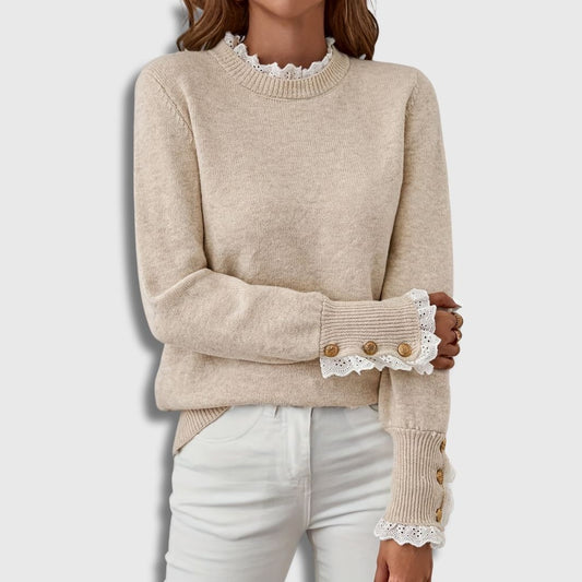 Effortless Beige Knit Sweater for Women with High Neck Long Sleeve Button Front Casual Style