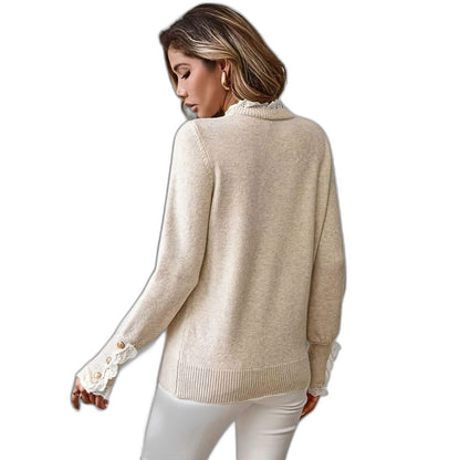 Effortless Beige Knit Sweater for Women with High Neck Long Sleeve Button Front Casual Style