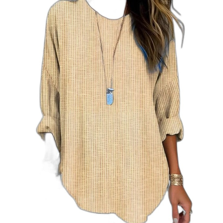 Effortless Beige Knit Tunic for Women with Crew Neck Long Sleeve Oversized Casual Style