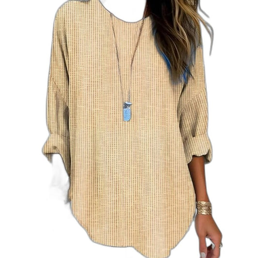 Effortless Beige Knit Tunic for Women with Crew Neck Long Sleeve Oversized Casual Style