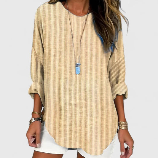 Effortless Beige Knit Tunic for Women with Crew Neck Long Sleeve Oversized Casual Style