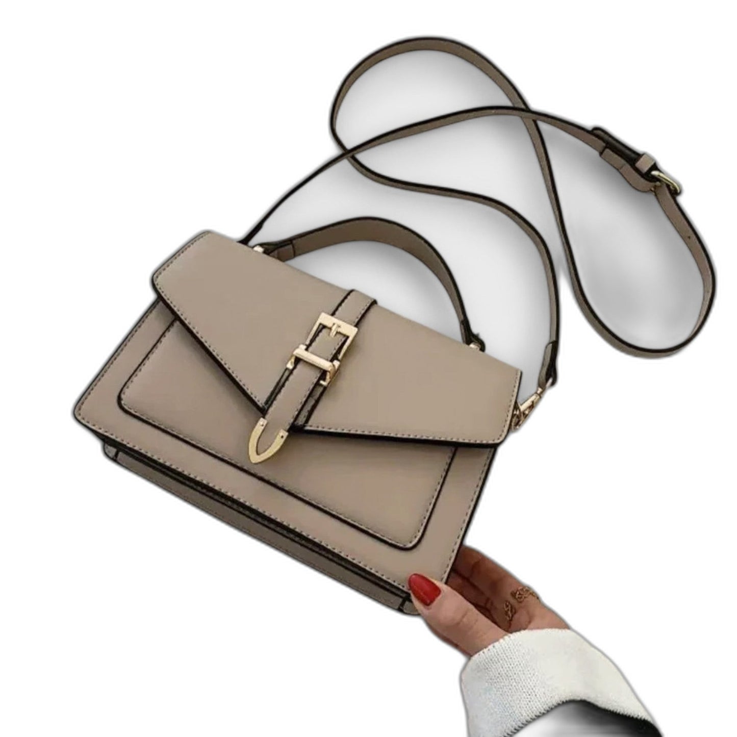 Effortless Beige Leather Crossbody Bag for Women with Buckle Shoulder Casual Style