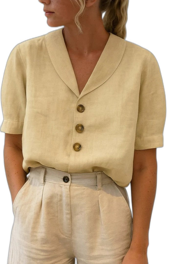 Effortless Beige Linen Blouse for Women with Collared Short Sleeve Button Front Casual Style