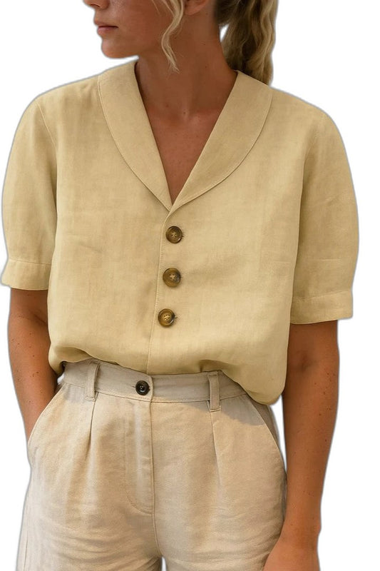 Effortless Beige Linen Blouse for Women with Collared Short Sleeve Button Front Casual Style