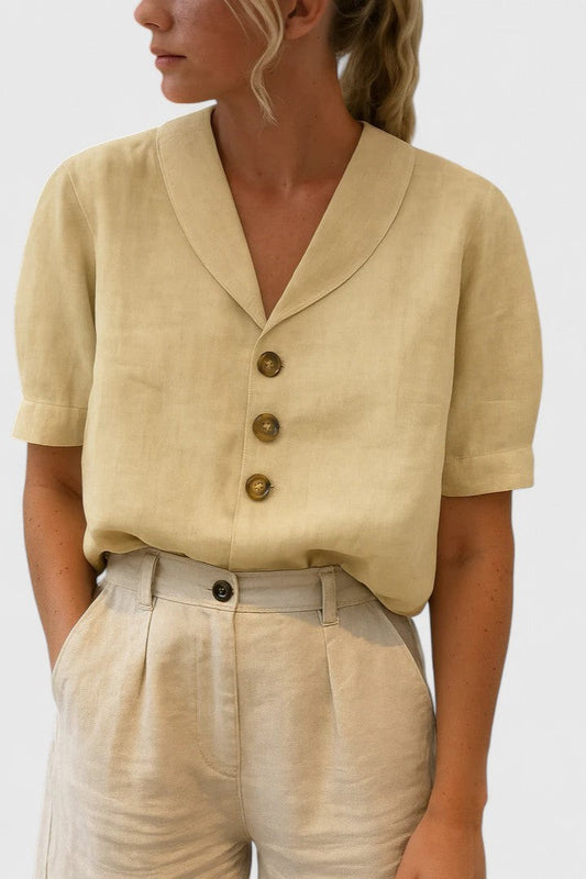 Effortless Beige Linen Blouse for Women with Collared Short Sleeve Button Front Casual Style