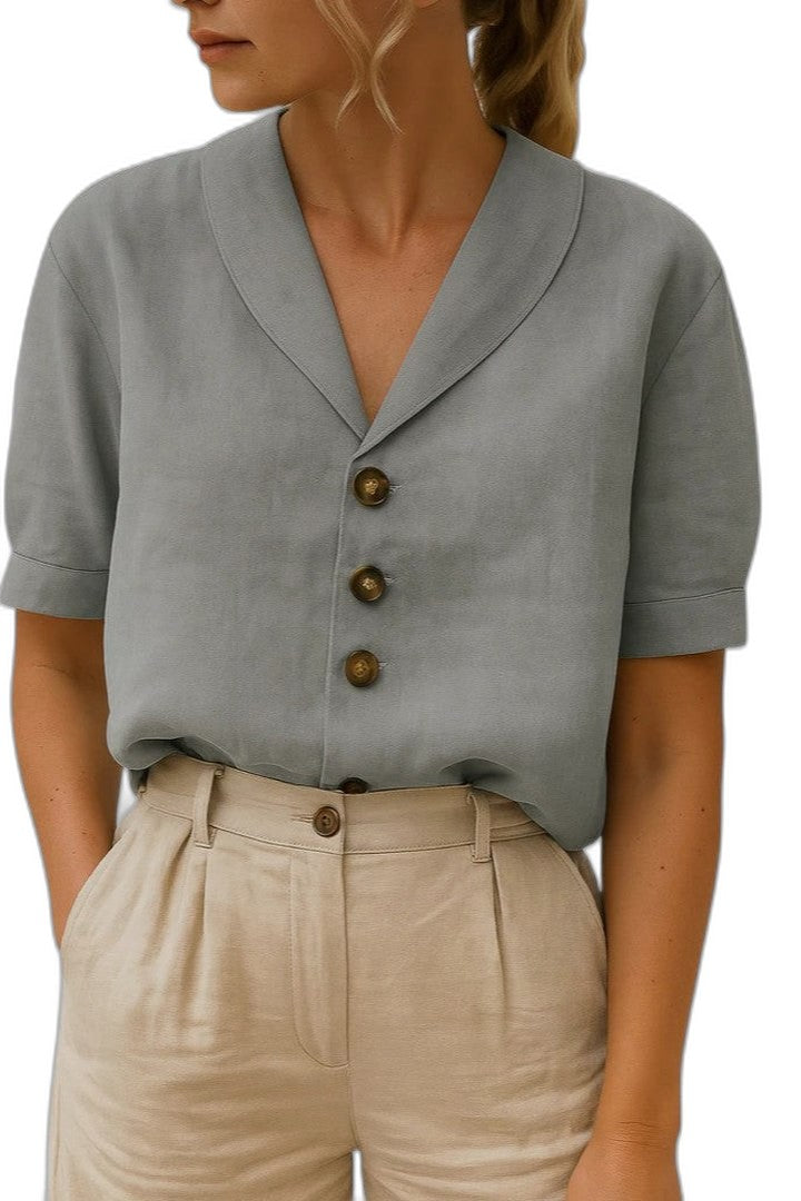 Effortless Beige Linen Blouse for Women with Collared Short Sleeve Button Front Casual Style