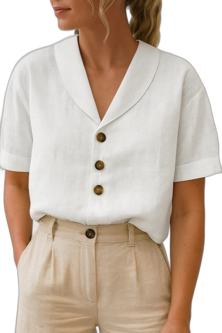Effortless Beige Linen Blouse for Women with Collared Short Sleeve Button Front Casual Style