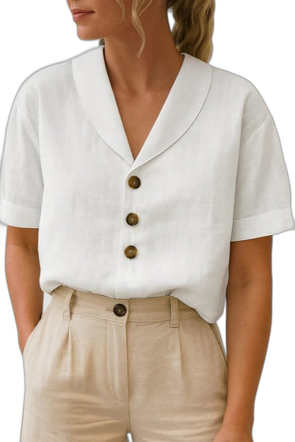Effortless Beige Linen Blouse for Women with Collared Short Sleeve Button Front Casual Style