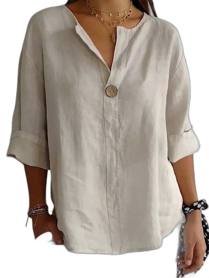 Effortless Beige Linen Blouse for Women with V Neck Long Sleeve Button Front Flowing Casual Style