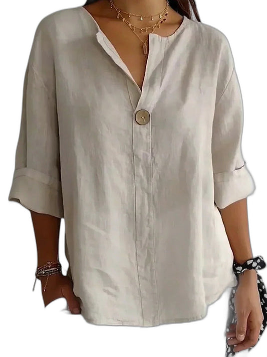 Effortless Beige Linen Blouse for Women with V Neck Long Sleeve Button Front Flowing Casual Style