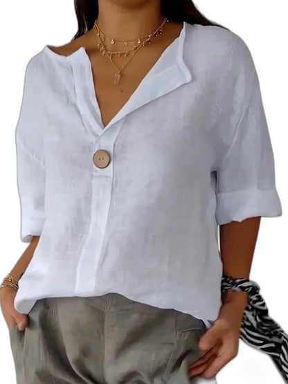 Effortless Beige Linen Blouse for Women with V Neck Long Sleeve Button Front Flowing Casual Style