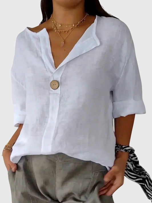Effortless Beige Linen Blouse for Women with V Neck Long Sleeve Button Front Flowing Casual Style