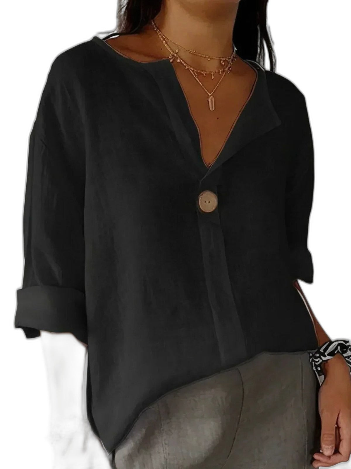 Effortless Beige Linen Blouse for Women with V Neck Long Sleeve Button Front Flowing Casual Style
