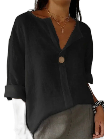 Effortless Beige Linen Blouse for Women with V Neck Long Sleeve Button Front Flowing Casual Style