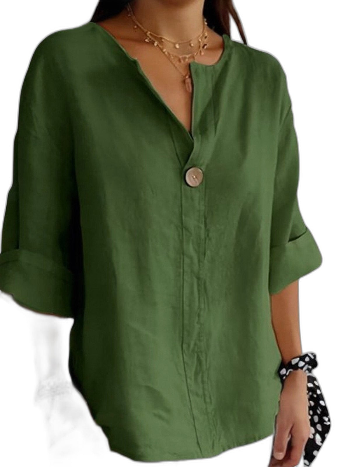 Effortless Beige Linen Blouse for Women with V Neck Long Sleeve Button Front Flowing Casual Style