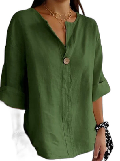 Effortless Beige Linen Blouse for Women with V Neck Long Sleeve Button Front Flowing Casual Style