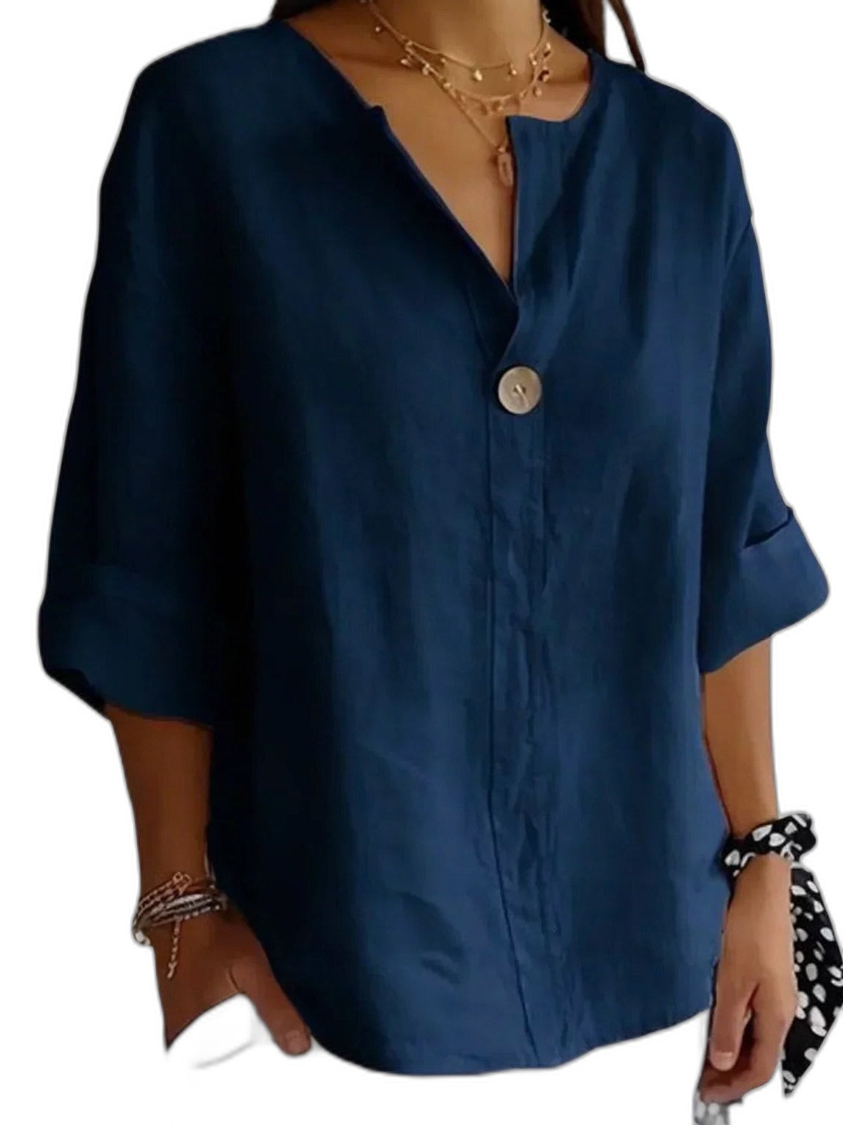 Effortless Beige Linen Blouse for Women with V Neck Long Sleeve Button Front Flowing Casual Style