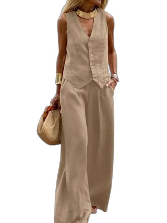 Effortless Beige Linen Jumpsuit for Women with V Neck Sleeveless Wide Leg Casual Style