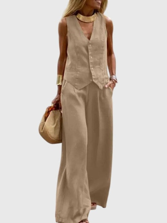 Effortless Beige Linen Jumpsuit for Women with V Neck Sleeveless Wide Leg Casual Style