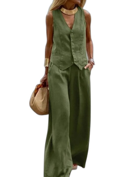 Effortless Beige Linen Jumpsuit for Women with V Neck Sleeveless Wide Leg Casual Style