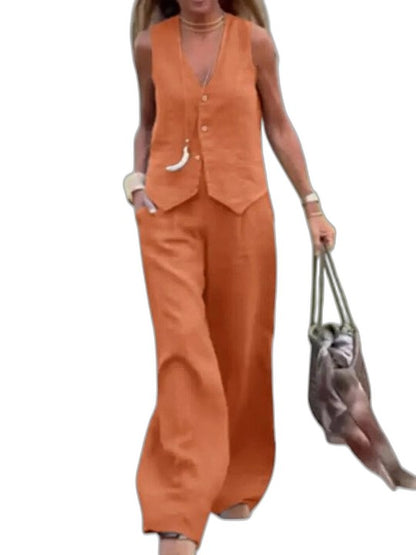 Effortless Beige Linen Jumpsuit for Women with V Neck Sleeveless Wide Leg Casual Style