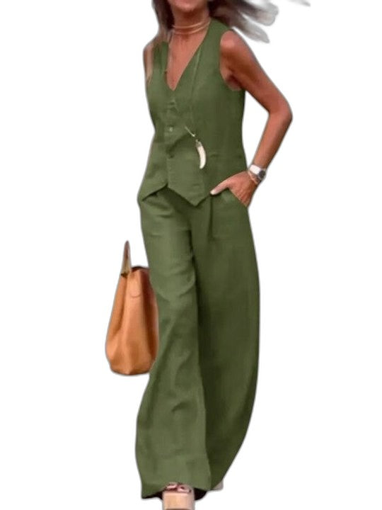 Effortless Beige Linen Jumpsuit for Women with V Neck Sleeveless Wide Leg Casual Style