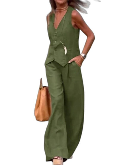 Effortless Beige Linen Jumpsuit for Women with V Neck Sleeveless Wide Leg Casual Style