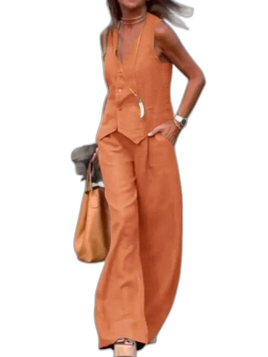 Effortless Beige Linen Jumpsuit for Women with V Neck Sleeveless Wide Leg Casual Style