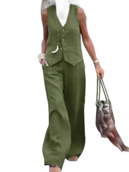 Effortless Beige Linen Jumpsuit for Women with V Neck Sleeveless Wide Leg Casual Style
