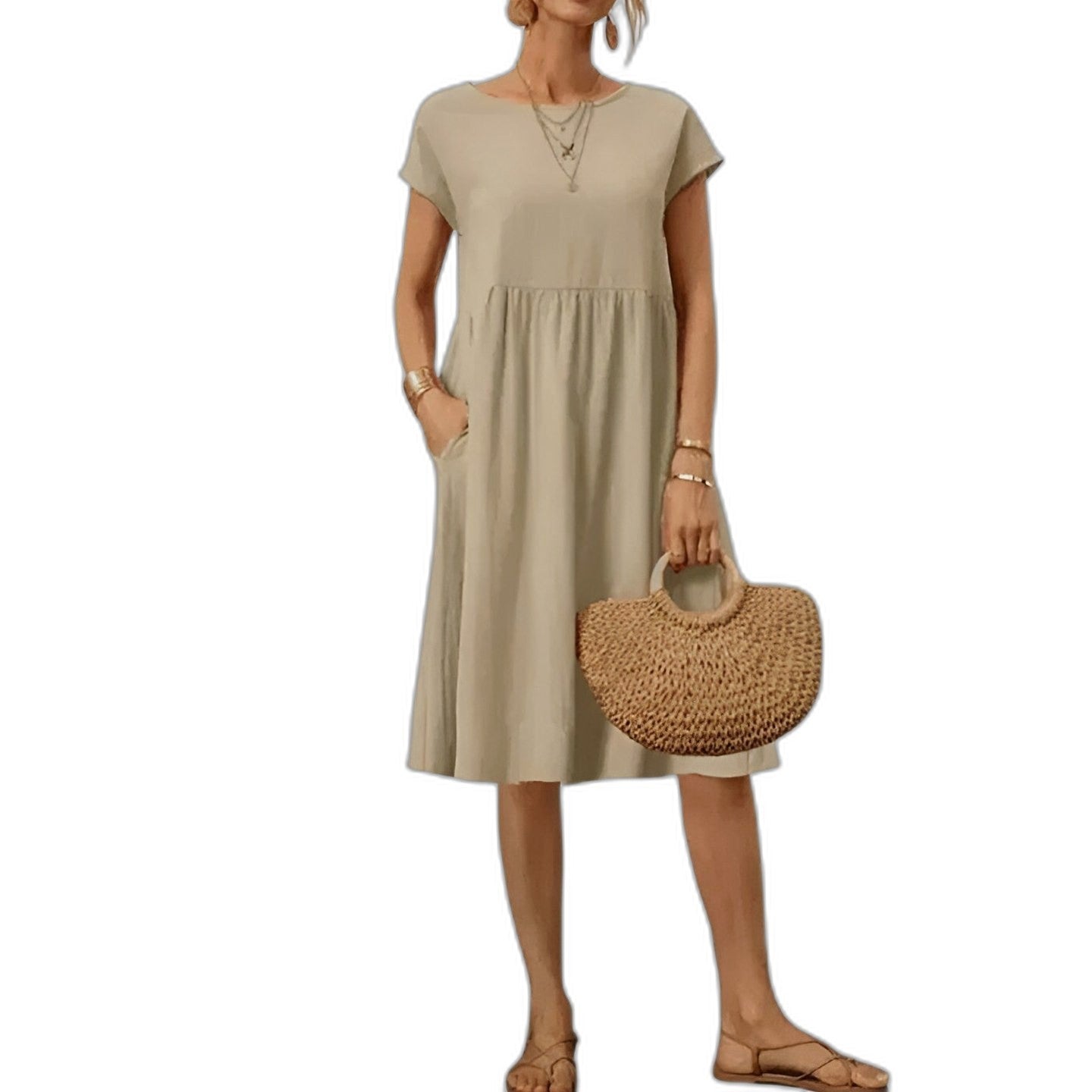 Effortless Beige Linen Midi Dress for Women with Crew Neck Short Sleeve Flowing Pockets Casual Style