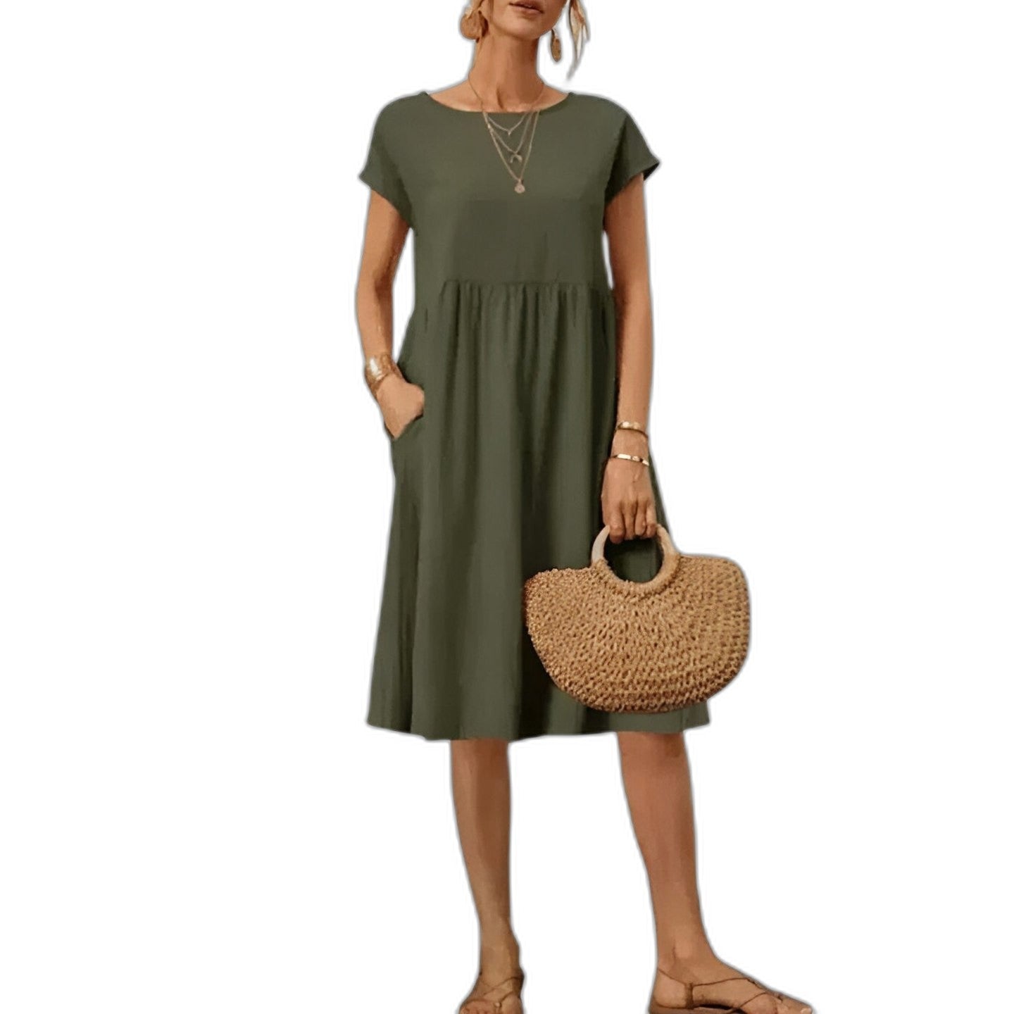 Effortless Beige Linen Midi Dress for Women with Crew Neck Short Sleeve Flowing Pockets Casual Style