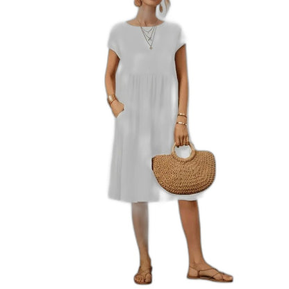 Effortless Beige Linen Midi Dress for Women with Crew Neck Short Sleeve Flowing Pockets Casual Style