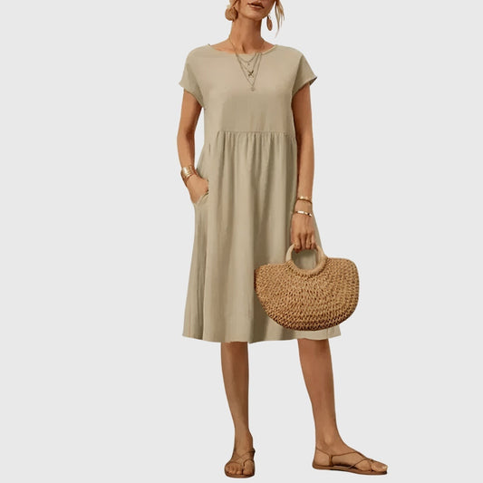 Effortless Beige Linen Midi Dress for Women with Crew Neck Short Sleeve Flowing Pockets Casual Style