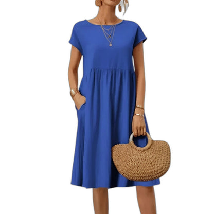 Effortless Beige Linen Midi Dress for Women with Crew Neck Short Sleeve Flowing Pockets Casual Style