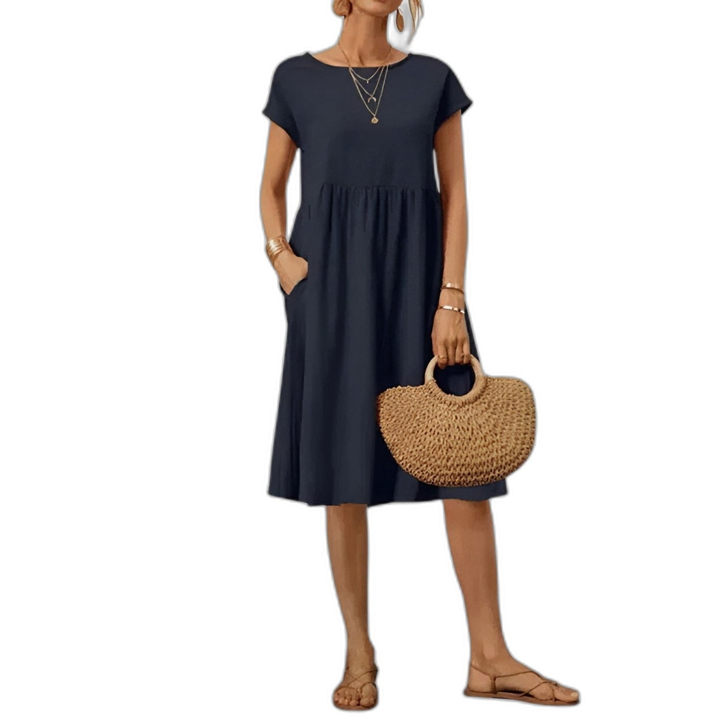 Effortless Beige Linen Midi Dress for Women with Crew Neck Short Sleeve Flowing Pockets Casual Style