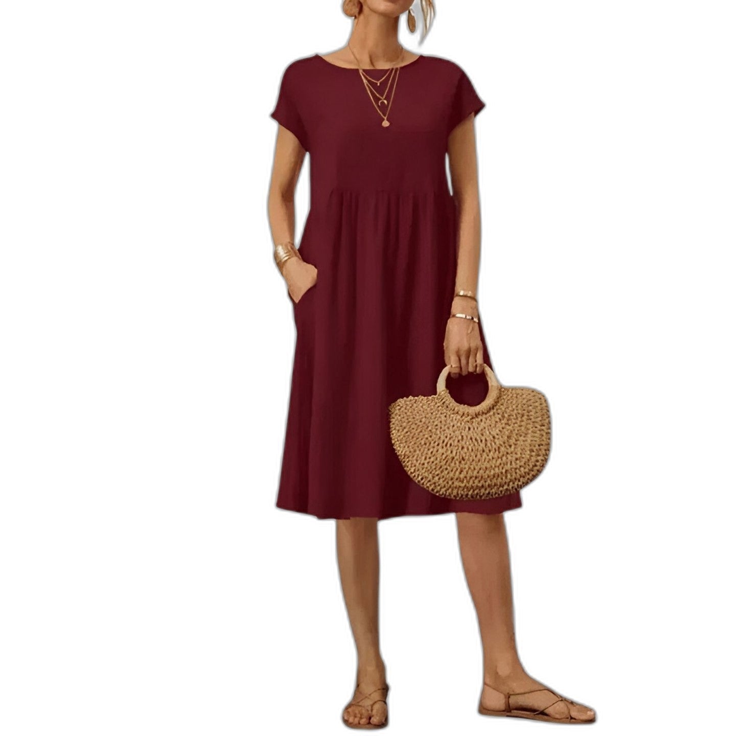 Effortless Beige Linen Midi Dress for Women with Crew Neck Short Sleeve Flowing Pockets Casual Style