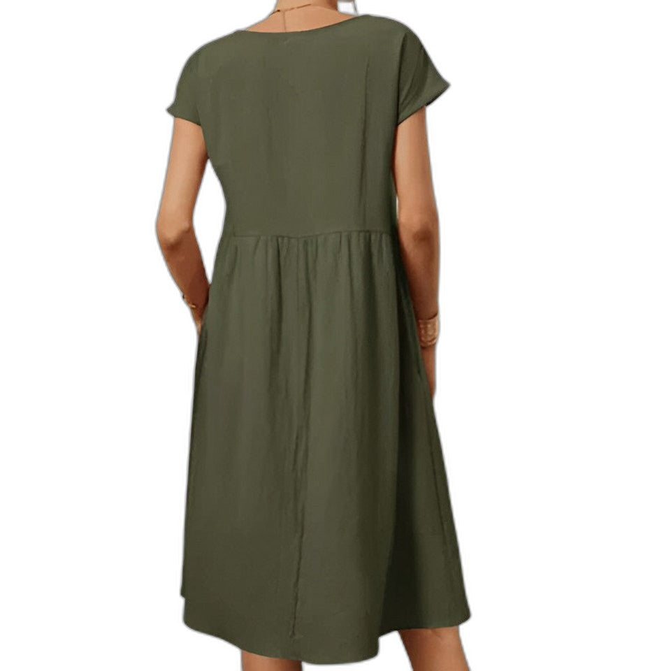 Effortless Beige Linen Midi Dress for Women with Crew Neck Short Sleeve Flowing Pockets Casual Style