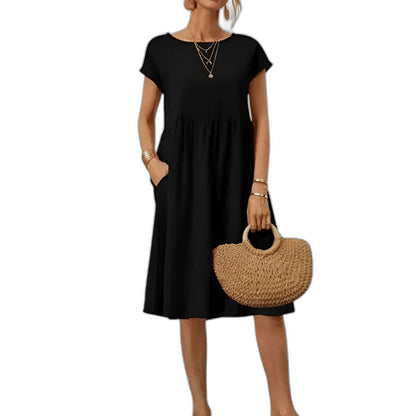 Effortless Beige Linen Midi Dress for Women with Crew Neck Short Sleeve Flowing Pockets Casual Style