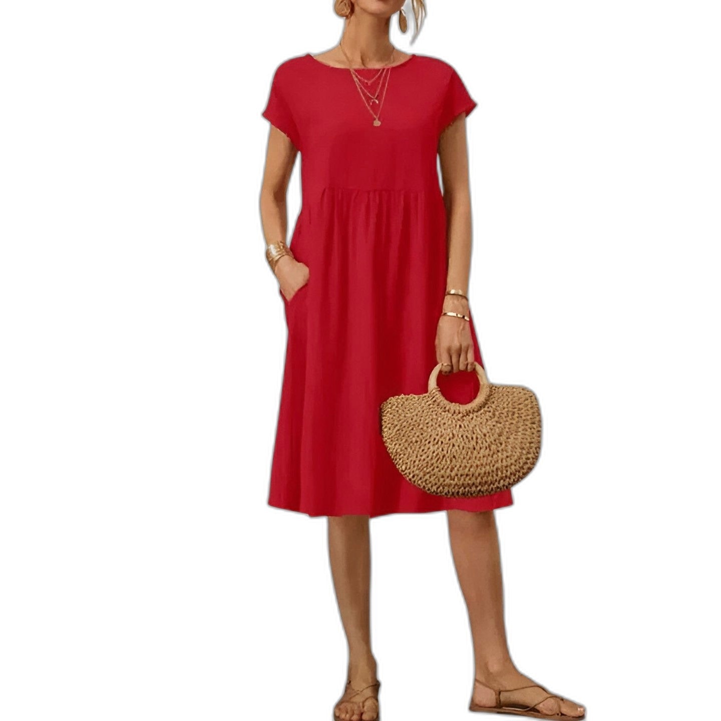 Effortless Beige Linen Midi Dress for Women with Crew Neck Short Sleeve Flowing Pockets Casual Style