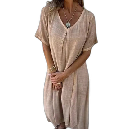 Effortless Beige Linen Midi Dress for Women with V Neck Short Sleeve Flowing Oversized Casual Style