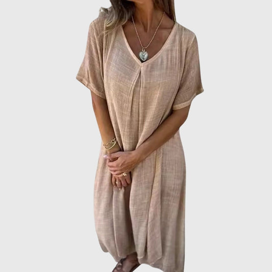 Effortless Beige Linen Midi Dress for Women with V Neck Short Sleeve Flowing Oversized Casual Style