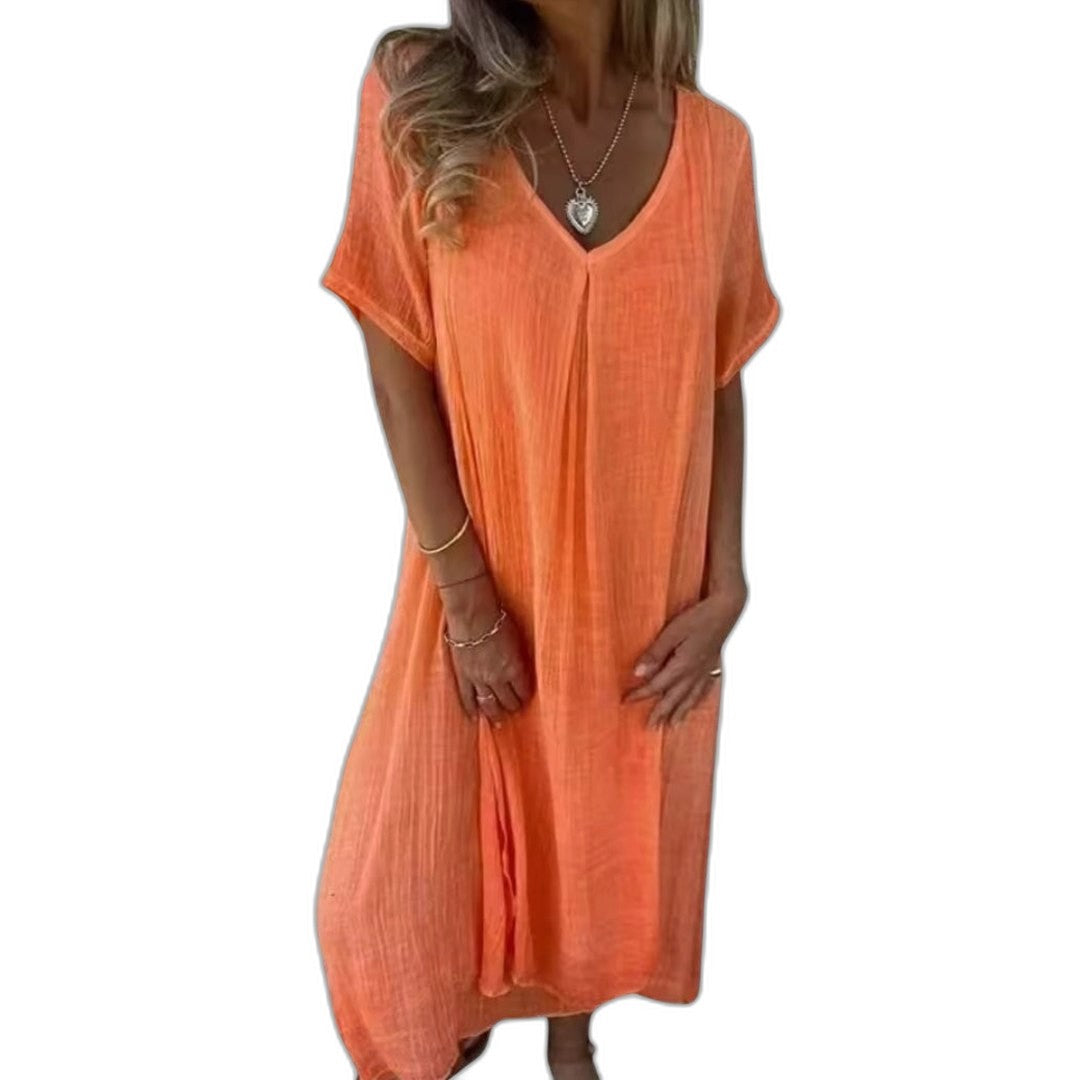 Effortless Beige Linen Midi Dress for Women with V Neck Short Sleeve Flowing Oversized Casual Style