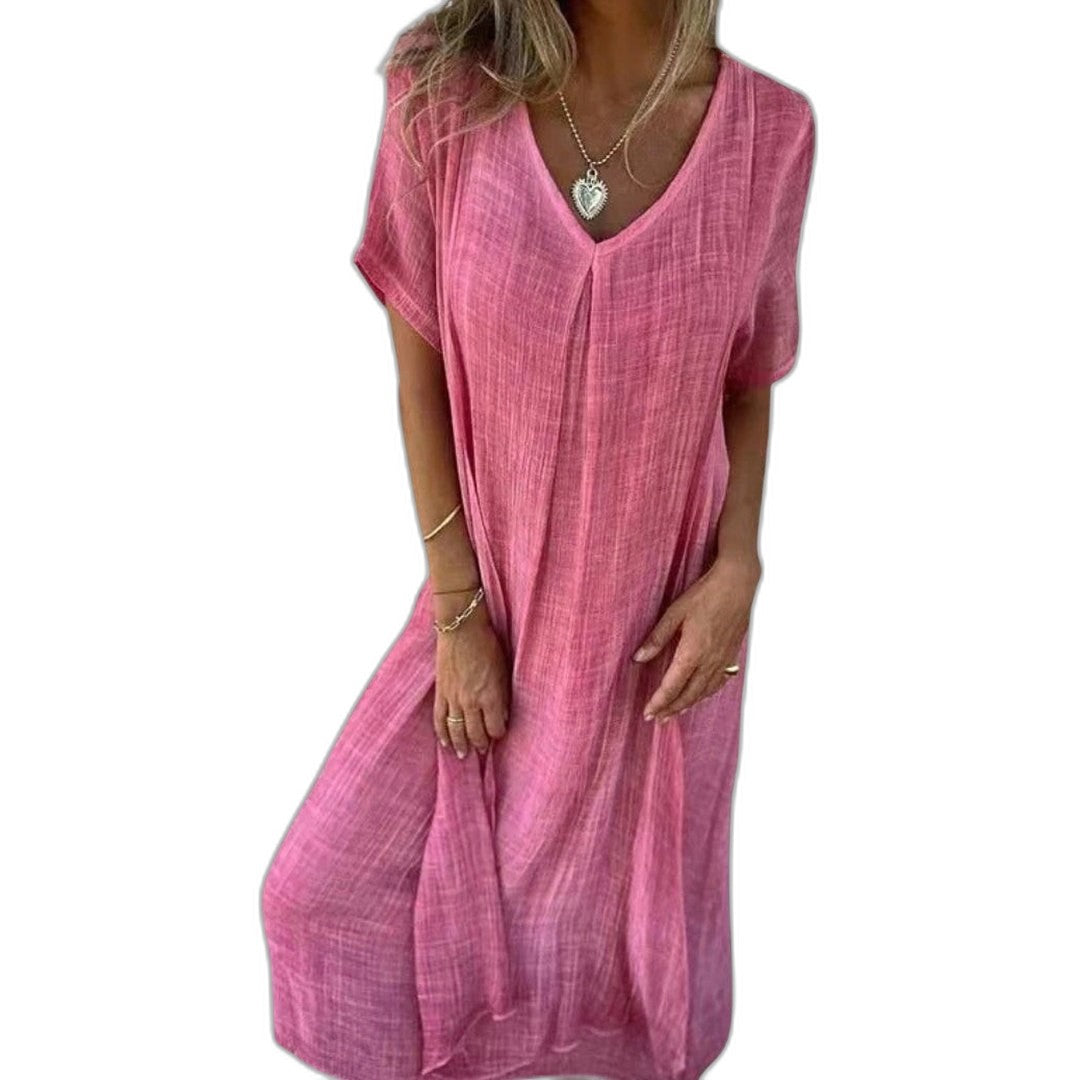 Effortless Beige Linen Midi Dress for Women with V Neck Short Sleeve Flowing Oversized Casual Style