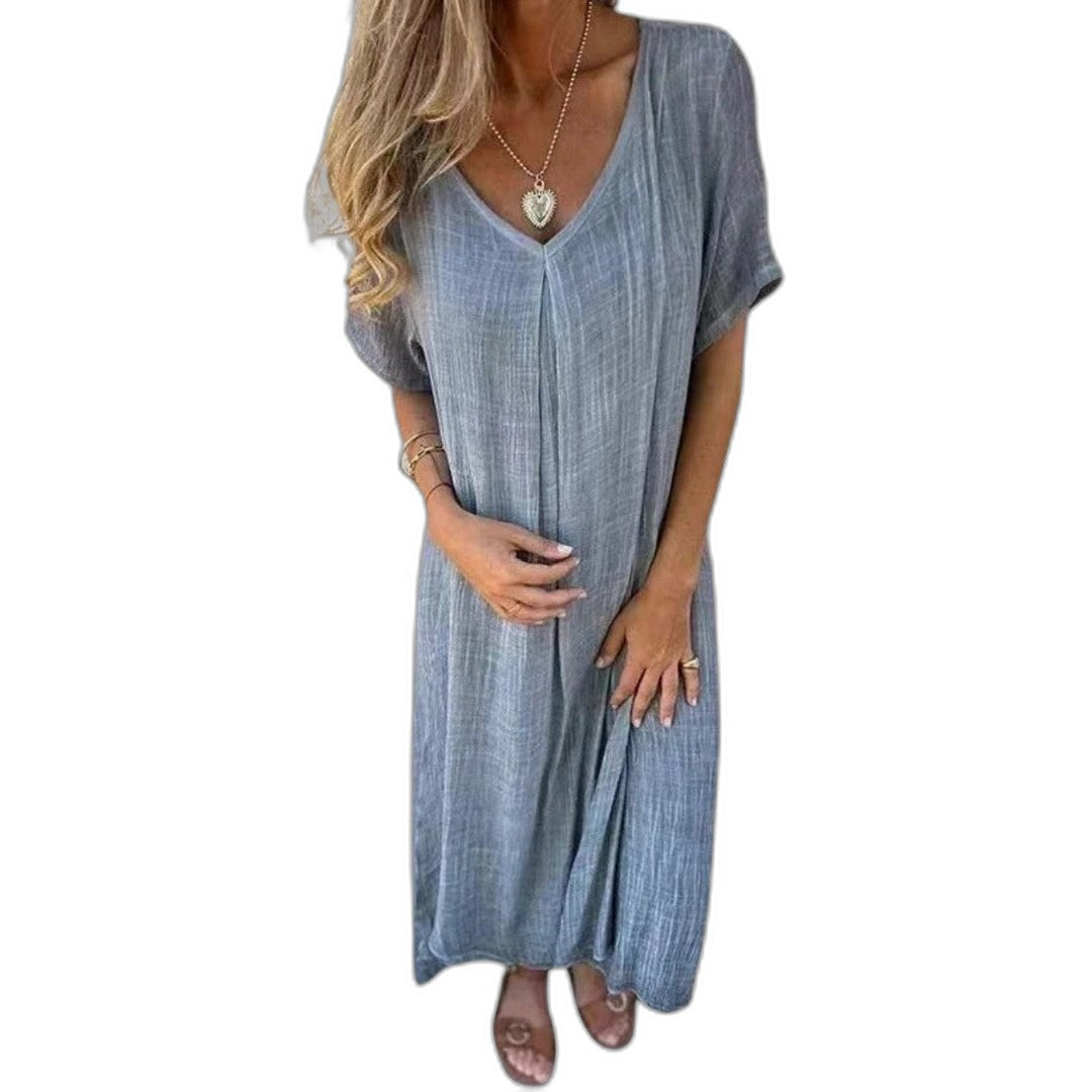 Effortless Beige Linen Midi Dress for Women with V Neck Short Sleeve Flowing Oversized Casual Style