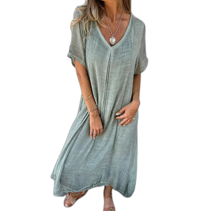 Effortless Beige Linen Midi Dress for Women with V Neck Short Sleeve Flowing Oversized Casual Style