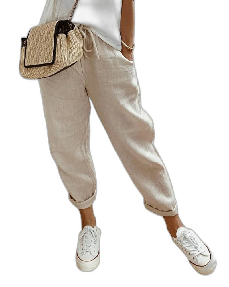 Effortless Beige Linen Pants for Women with High Waisted Cropped Pockets Casual Style