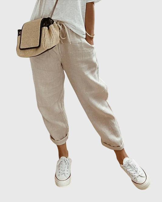 Effortless Beige Linen Pants for Women with High Waisted Cropped Pockets Casual Style