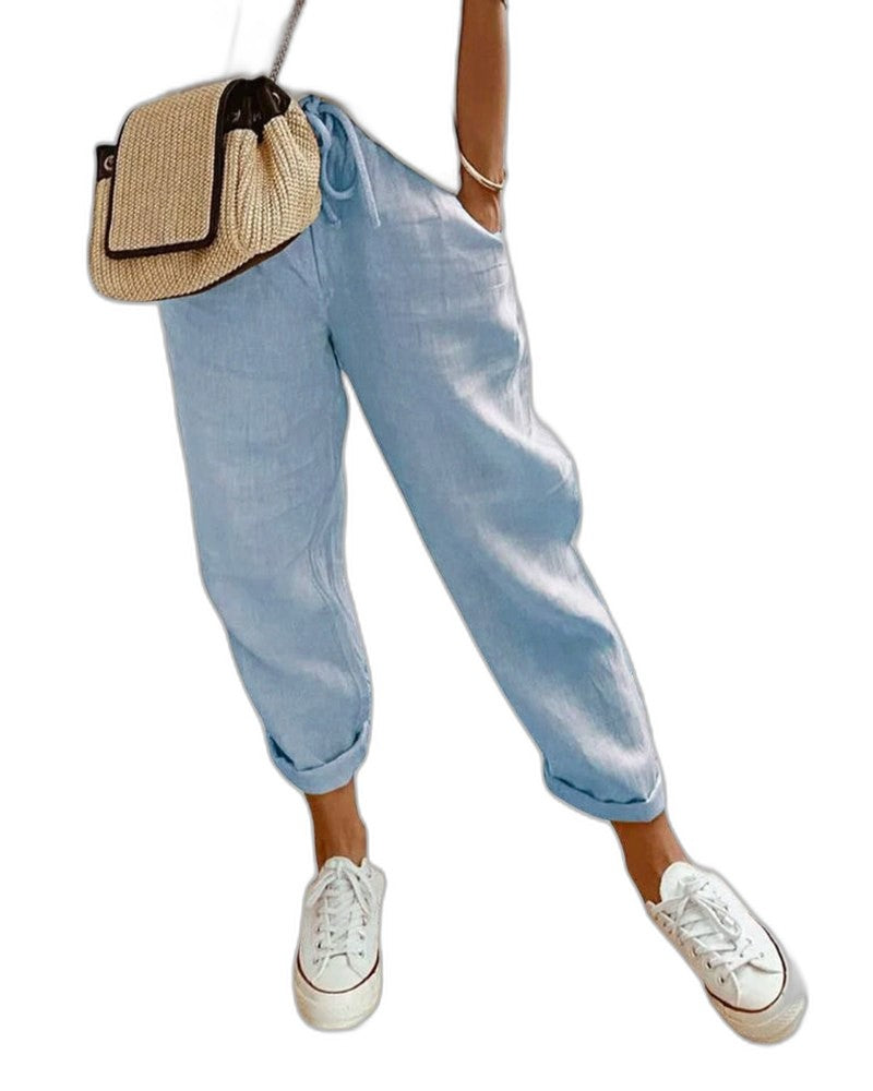 Effortless Beige Linen Pants for Women with High Waisted Cropped Pockets Casual Style
